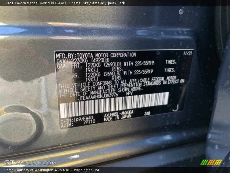 2021 Venza Hybrid XLE AWD Coastal Gray Metallic Color Code 1K9