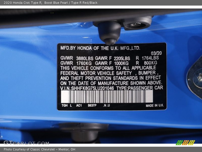 2020 Civic Type R Boost Blue Pearl Color Code B637P