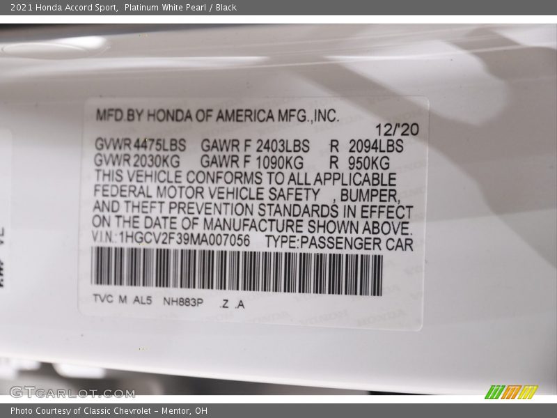 2021 Accord Sport Platinum White Pearl Color Code NH883P