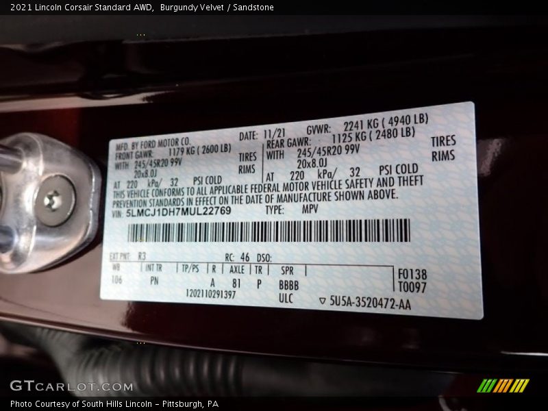 Burgundy Velvet / Sandstone 2021 Lincoln Corsair Standard AWD