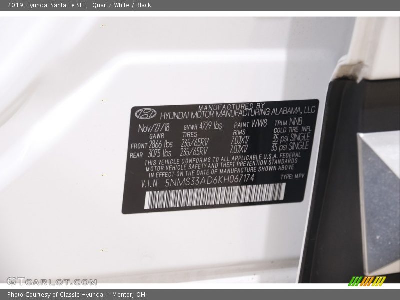 Quartz White / Black 2019 Hyundai Santa Fe SEL