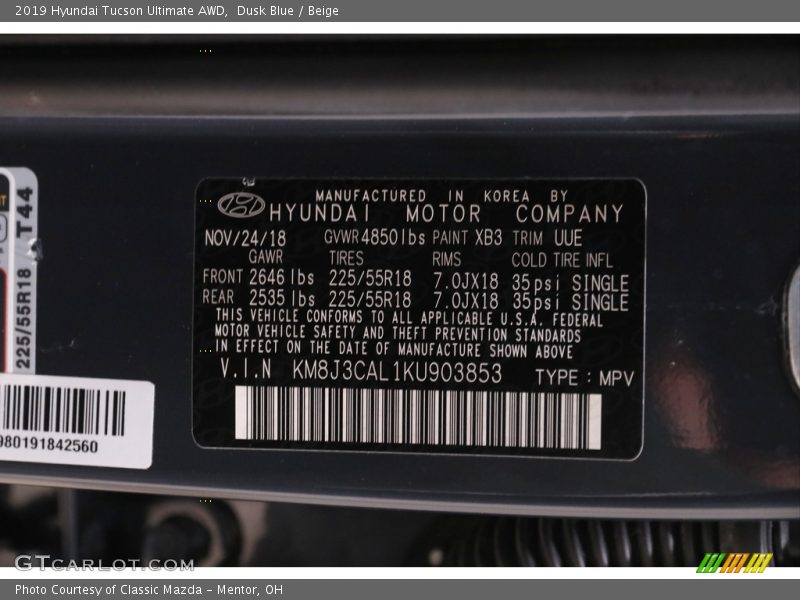 Dusk Blue / Beige 2019 Hyundai Tucson Ultimate AWD