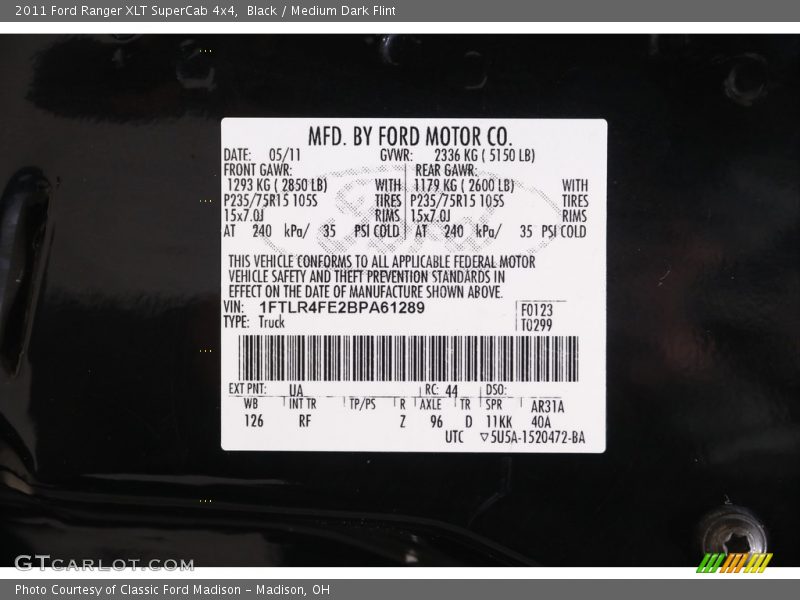 Black / Medium Dark Flint 2011 Ford Ranger XLT SuperCab 4x4