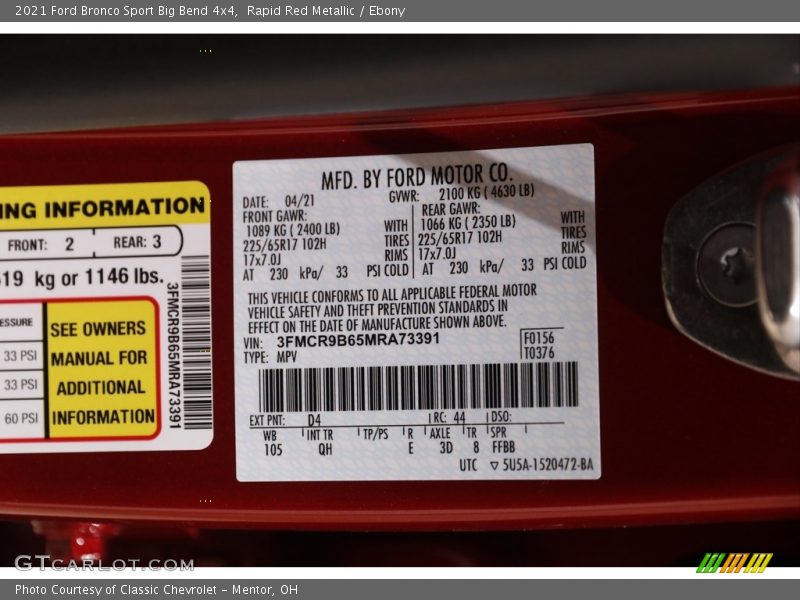 2021 Bronco Sport Big Bend 4x4 Rapid Red Metallic Color Code D4