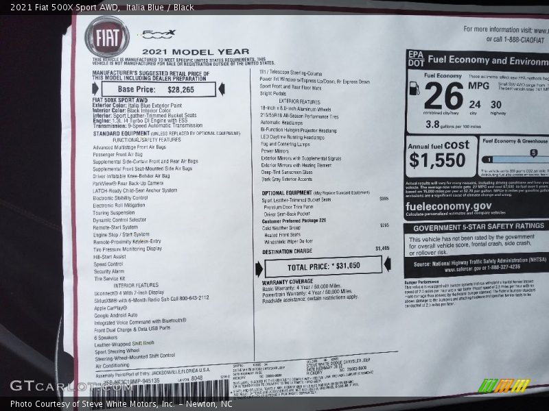  2021 500X Sport AWD Window Sticker