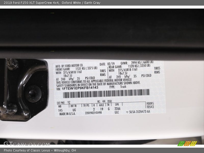 Oxford White / Earth Gray 2019 Ford F150 XLT SuperCrew 4x4