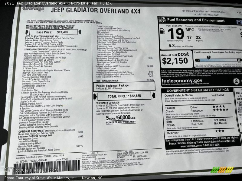  2021 Gladiator Overland 4x4 Window Sticker