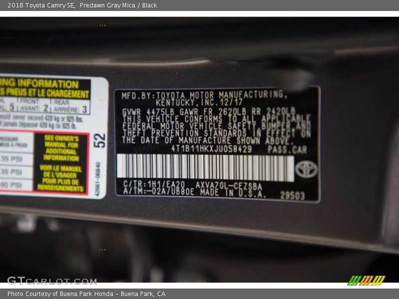 Predawn Gray Mica / Black 2018 Toyota Camry SE