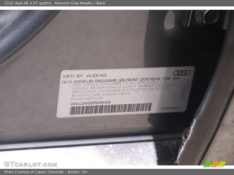 Monsoon Gray Metallic / Black 2015 Audi A8 4.0T quattro