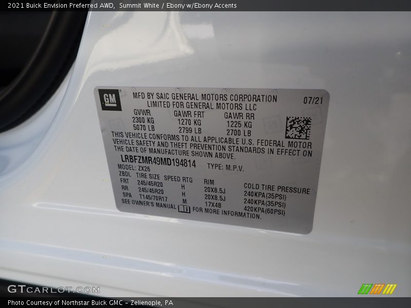 Summit White / Ebony w/Ebony Accents 2021 Buick Envision Preferred AWD