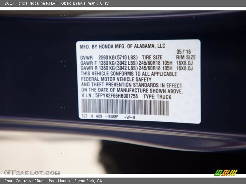 Obsidian Blue Pearl / Gray 2017 Honda Ridgeline RTL-T