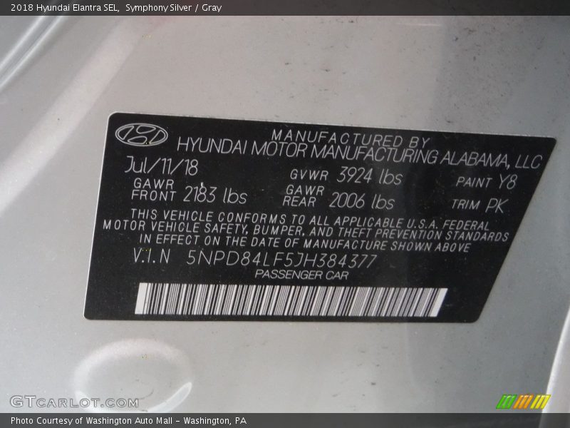 Symphony Silver / Gray 2018 Hyundai Elantra SEL