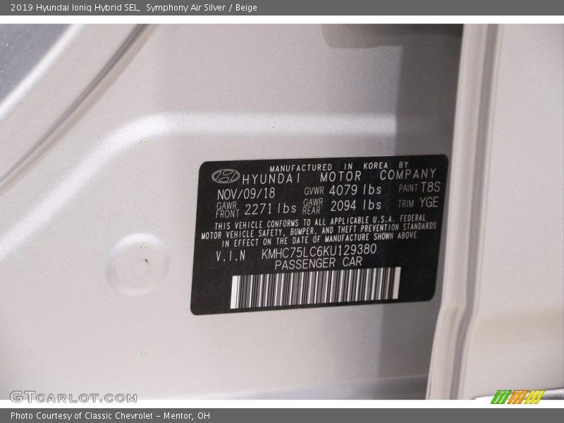 Symphony Air Silver / Beige 2019 Hyundai Ioniq Hybrid SEL