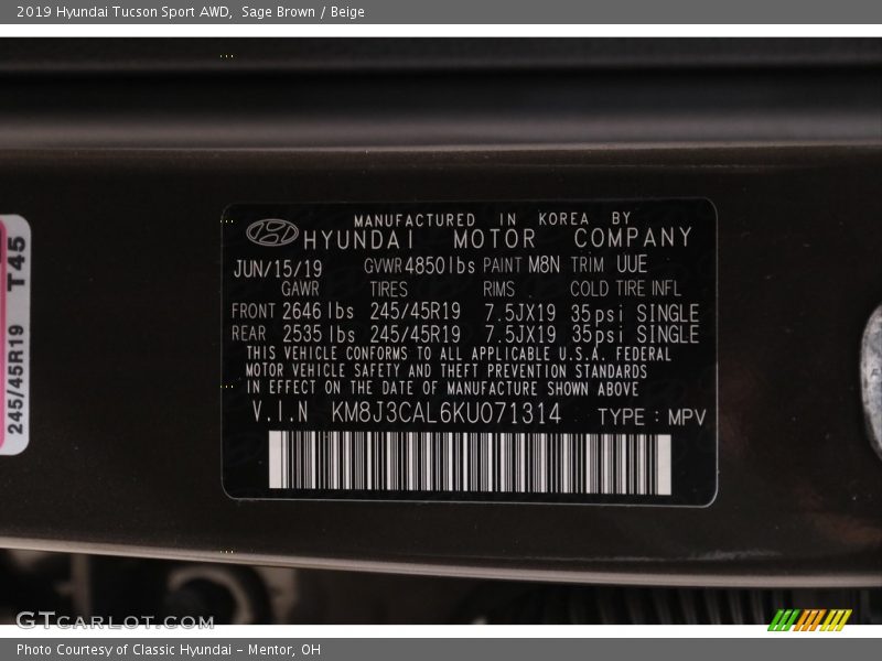 Sage Brown / Beige 2019 Hyundai Tucson Sport AWD