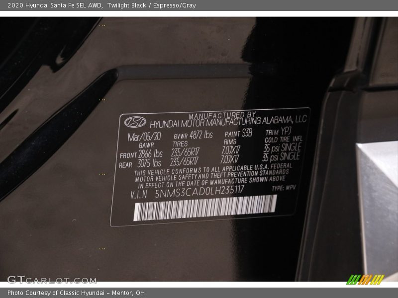 Twilight Black / Espresso/Gray 2020 Hyundai Santa Fe SEL AWD
