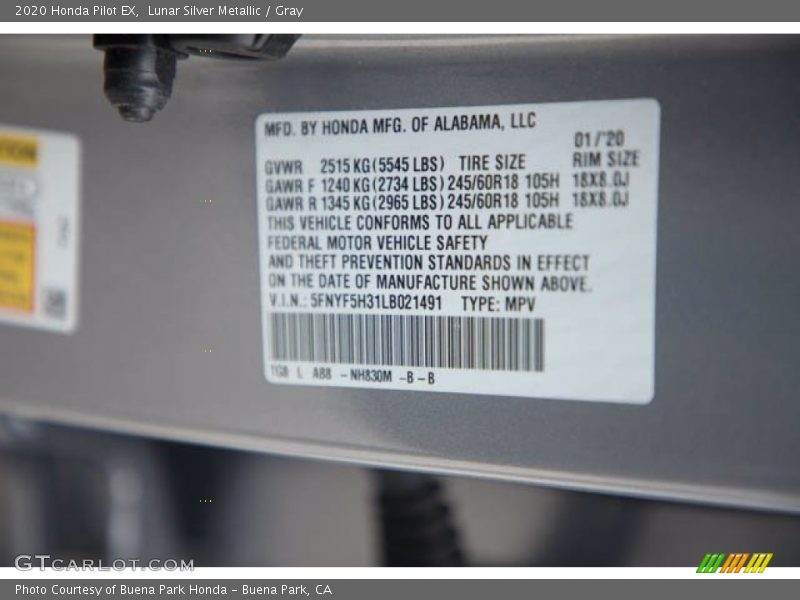 Lunar Silver Metallic / Gray 2020 Honda Pilot EX