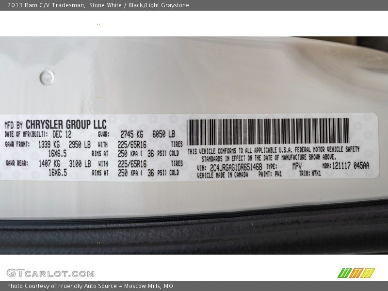 2013 C/V Tradesman Stone White Color Code PW1