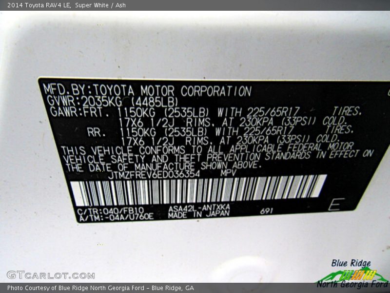 2014 RAV4 LE Super White Color Code 040