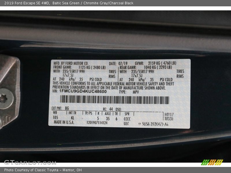 Baltic Sea Green / Chromite Gray/Charcoal Black 2019 Ford Escape SE 4WD