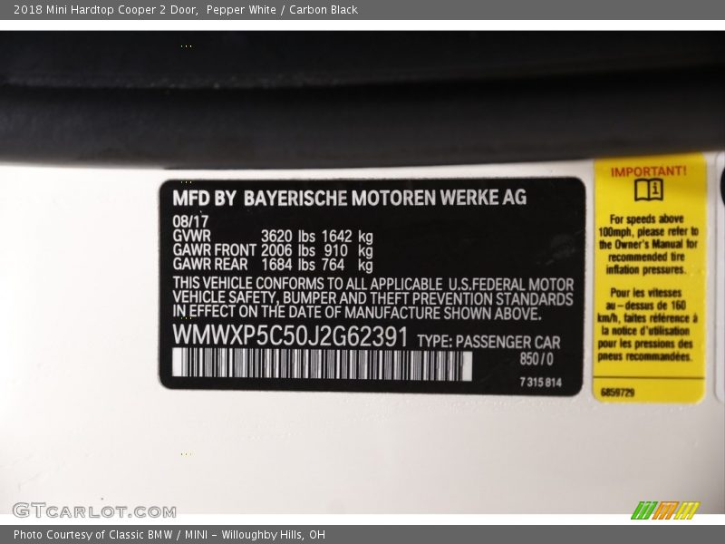 Pepper White / Carbon Black 2018 Mini Hardtop Cooper 2 Door