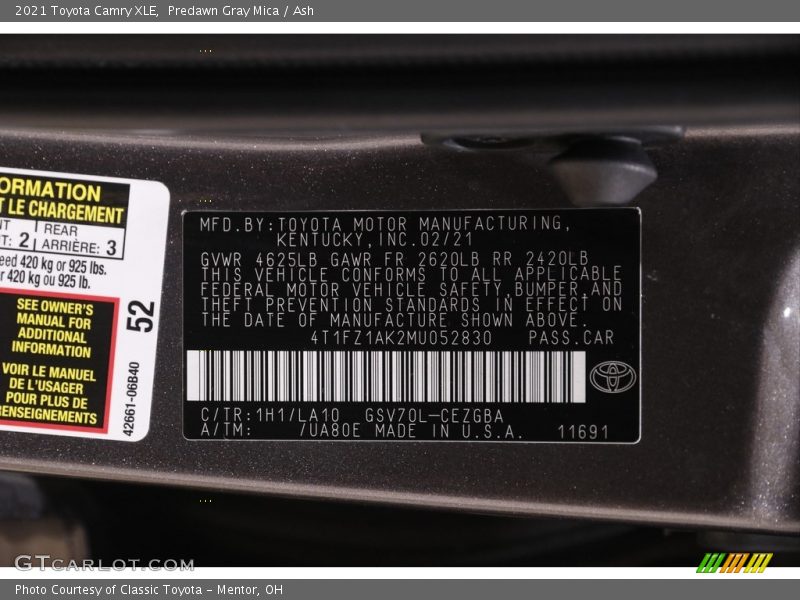 2021 Camry XLE Predawn Gray Mica Color Code 1H1