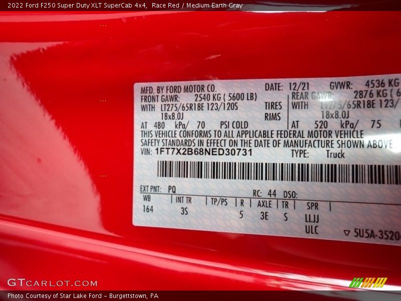 2022 F250 Super Duty XLT SuperCab 4x4 Race Red Color Code PQ