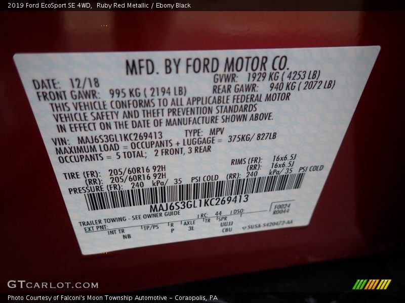 Ruby Red Metallic / Ebony Black 2019 Ford EcoSport SE 4WD