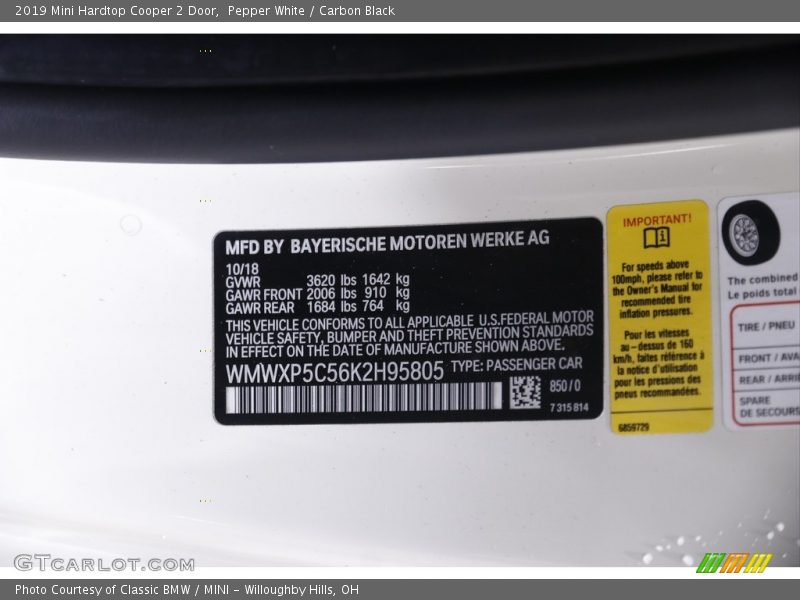 Pepper White / Carbon Black 2019 Mini Hardtop Cooper 2 Door