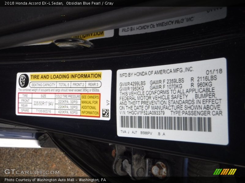 Obsidian Blue Pearl / Gray 2018 Honda Accord EX-L Sedan