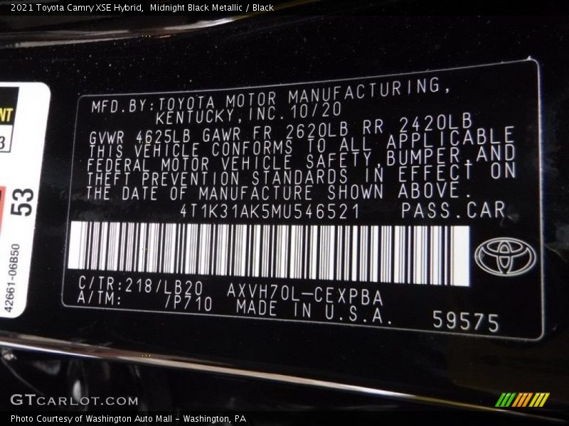 2021 Camry XSE Hybrid Midnight Black Metallic Color Code 218
