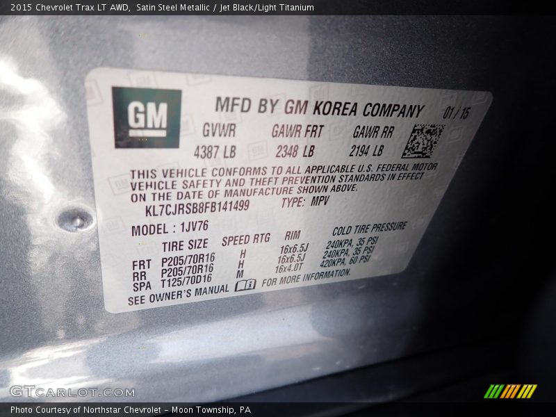 Satin Steel Metallic / Jet Black/Light Titanium 2015 Chevrolet Trax LT AWD