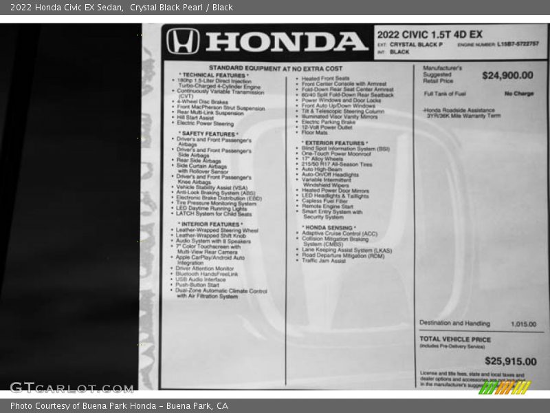 Crystal Black Pearl / Black 2022 Honda Civic EX Sedan
