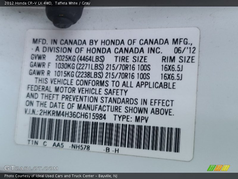 Taffeta White / Gray 2012 Honda CR-V LX 4WD