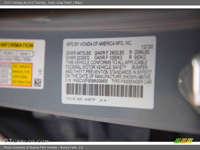 2021 Accord Touring Sonic Gray Pearl Color Code NH877P
