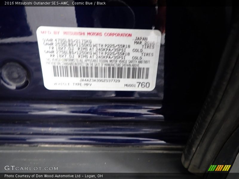 Cosmic Blue / Black 2016 Mitsubishi Outlander SE S-AWC