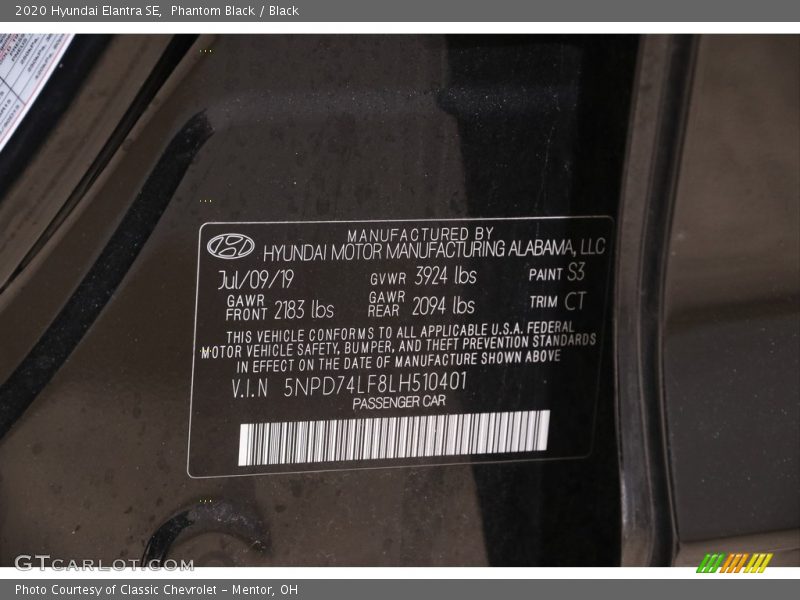 Phantom Black / Black 2020 Hyundai Elantra SE