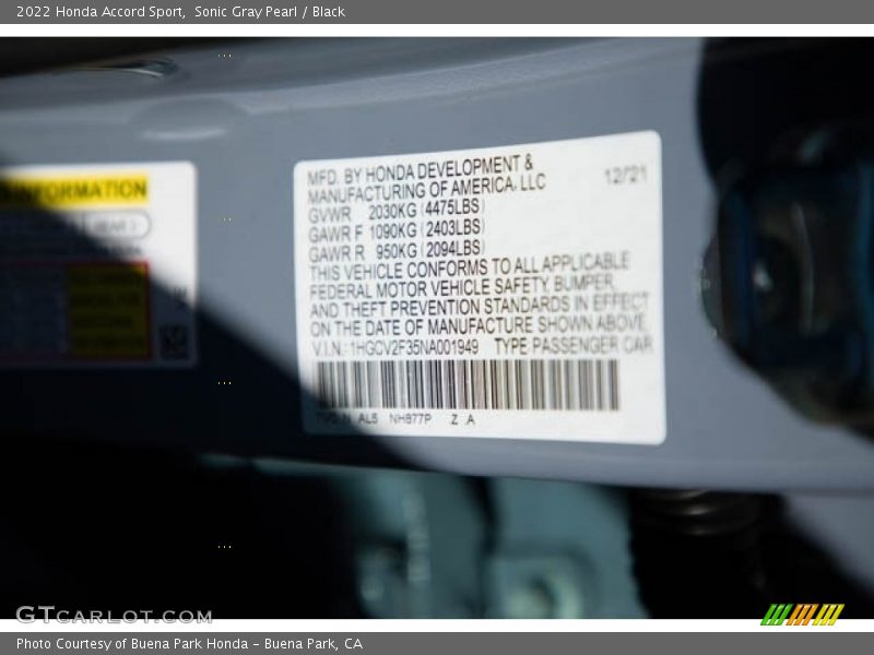 2022 Accord Sport Sonic Gray Pearl Color Code NH877P
