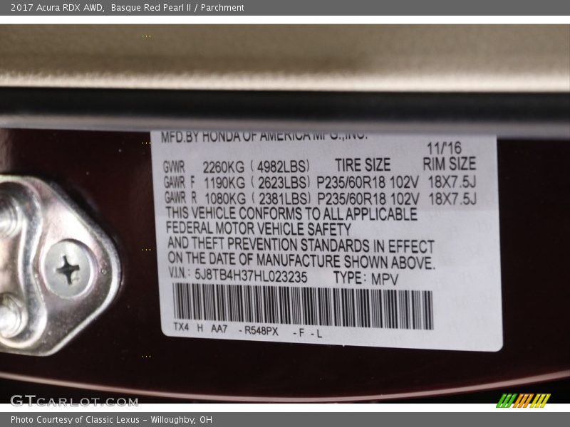 Basque Red Pearl II / Parchment 2017 Acura RDX AWD