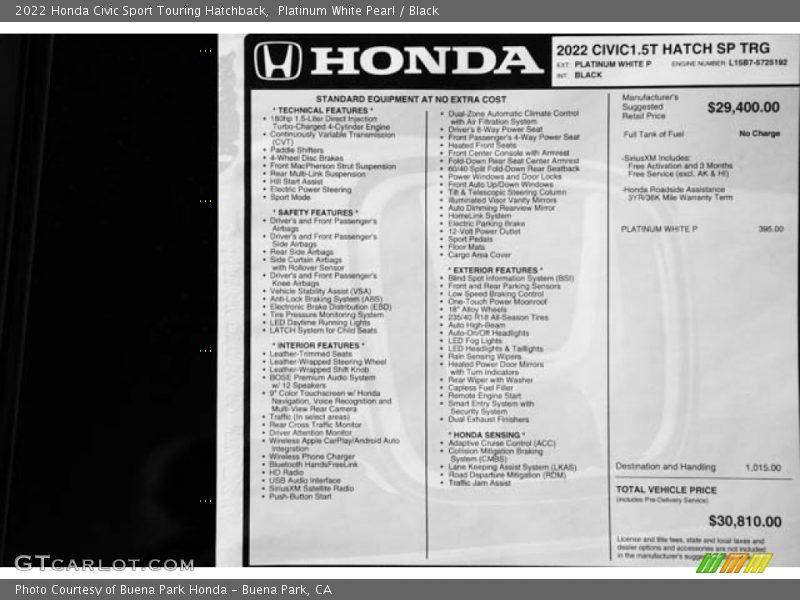 Platinum White Pearl / Black 2022 Honda Civic Sport Touring Hatchback