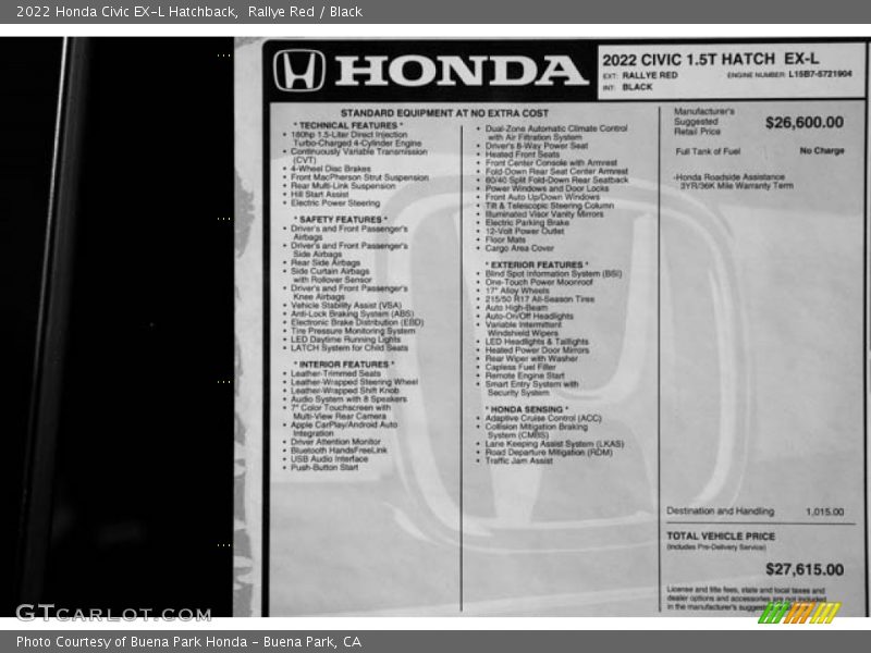 Rallye Red / Black 2022 Honda Civic EX-L Hatchback