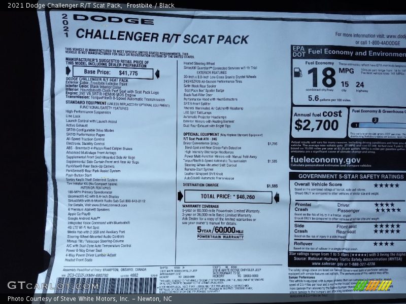  2021 Challenger R/T Scat Pack Window Sticker