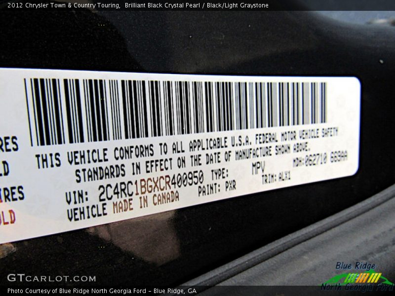 Brilliant Black Crystal Pearl / Black/Light Graystone 2012 Chrysler Town & Country Touring