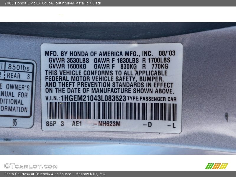 2003 Civic EX Coupe Satin Silver Metallic Color Code NH623M
