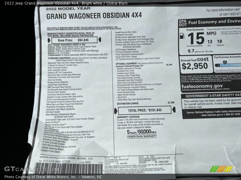  2022 Grand Wagoneer Obsidian 4x4 Window Sticker