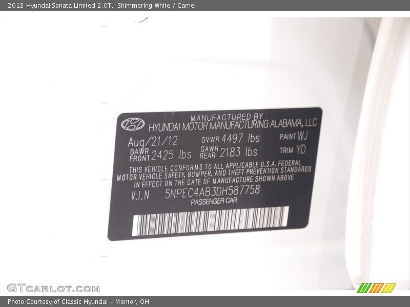 Shimmering White / Camel 2013 Hyundai Sonata Limited 2.0T