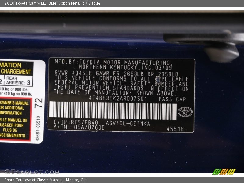 Blue Ribbon Metallic / Bisque 2010 Toyota Camry LE