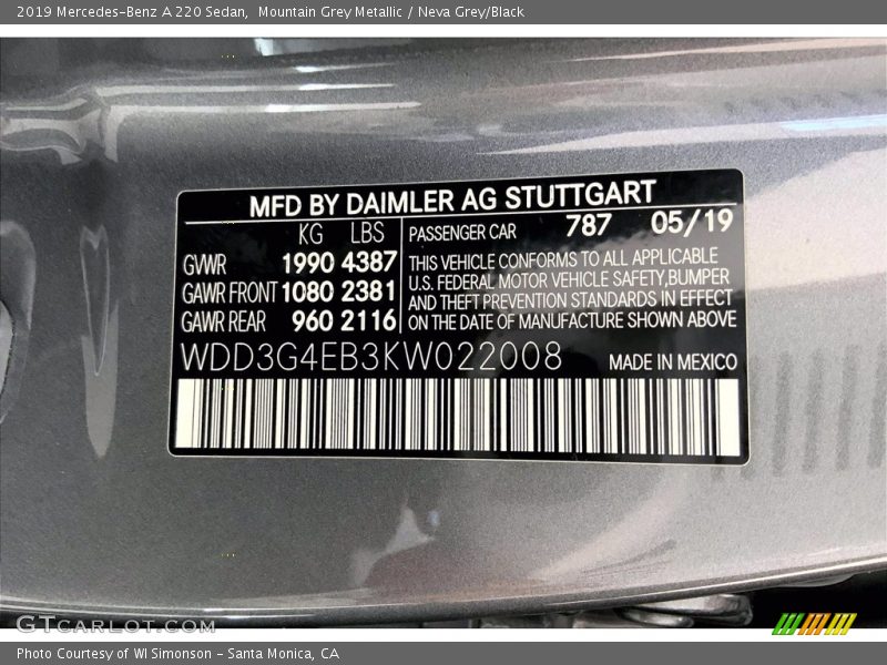 2019 A 220 Sedan Mountain Grey Metallic Color Code 787