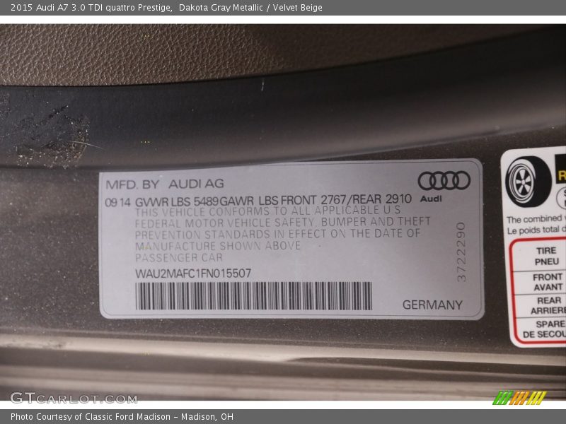 Dakota Gray Metallic / Velvet Beige 2015 Audi A7 3.0 TDI quattro Prestige