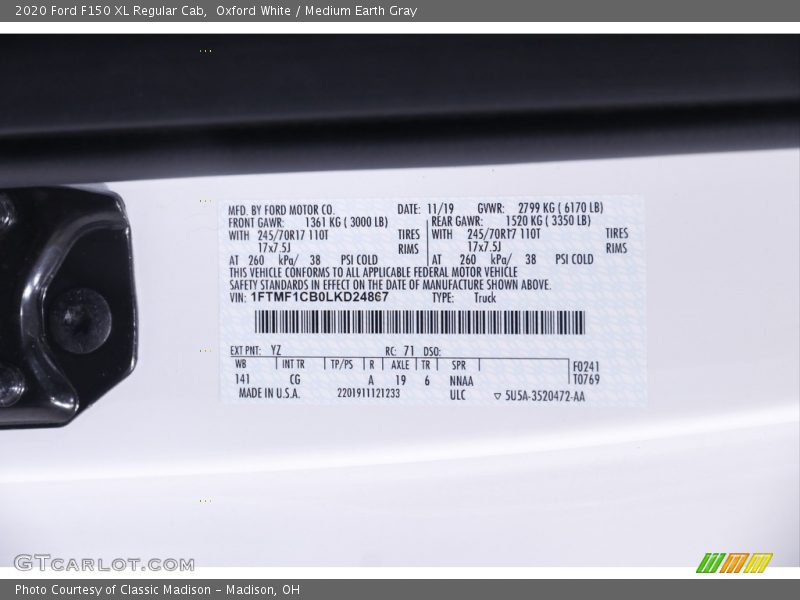 2020 F150 XL Regular Cab Oxford White Color Code YZ