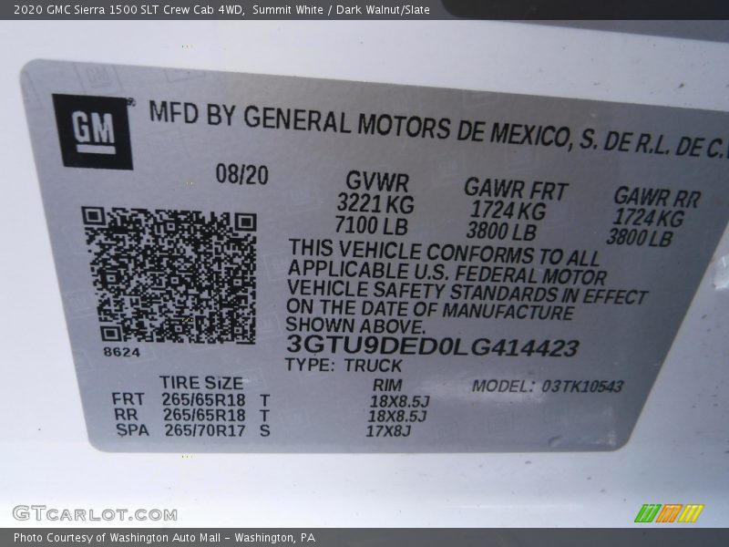 Summit White / Dark Walnut/Slate 2020 GMC Sierra 1500 SLT Crew Cab 4WD